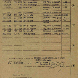 Послужной список прохождения службы в КА и ВМФ от 21 сентября 1944 г.