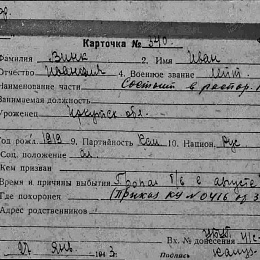 Карточка учета потерь на лейтенанта Винка Ивана Ивановича 1919 г.р.